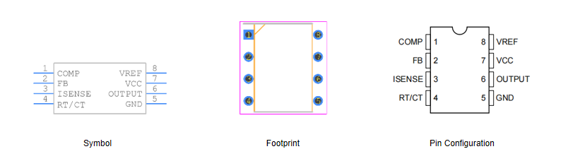 Fig 2 Symbol, footprint and pin configuration of UC3842AN controller